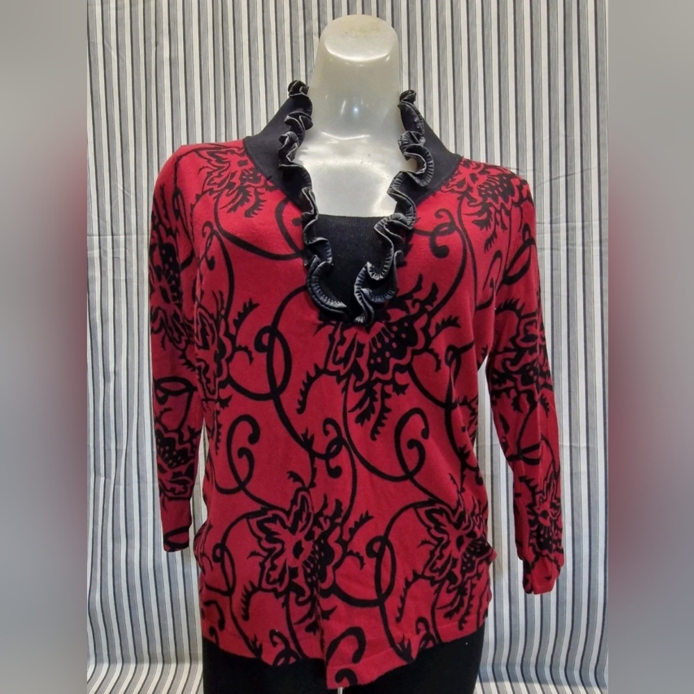 RED Red Black Floral Ruffle Cardigan Top Size L Y2K Style